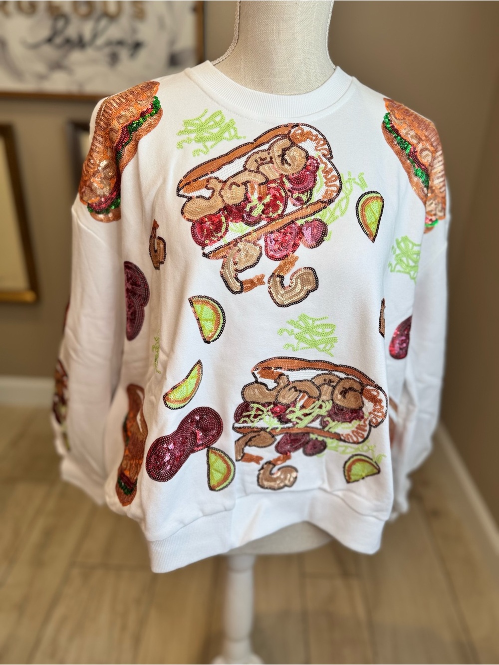 New! QUEEN OF SPARKLES White Sequin Po’Boy Sandwich Crewneck Sweatshirt